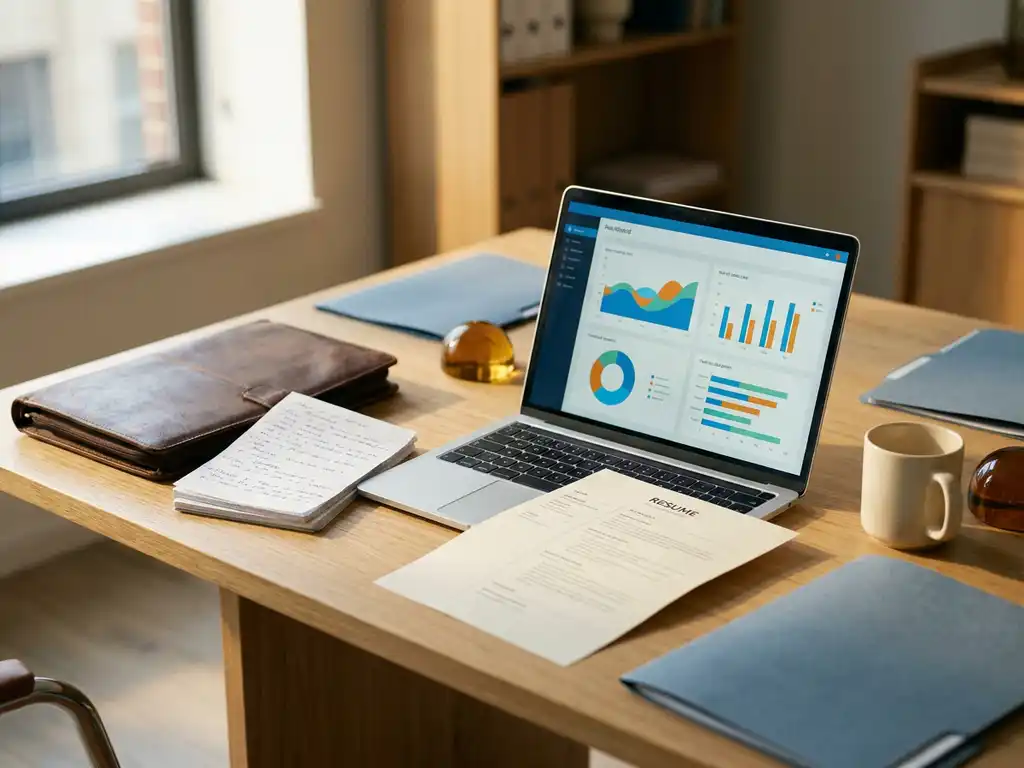Leather portfolio and handwritten candidate notes beside an open laptop displaying recruitment data visualizations, with a resume tucked under the keyboard.
