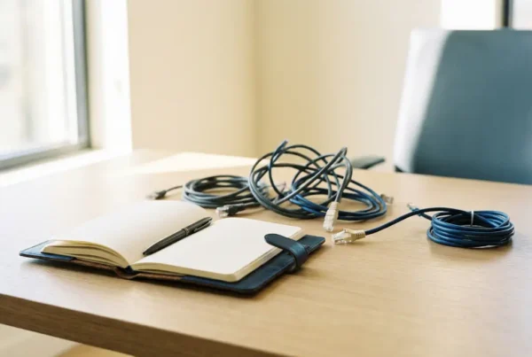 Recruiter's open notebook and pen beside tangled ethernet cables unraveling into organized strands on a modern desk.