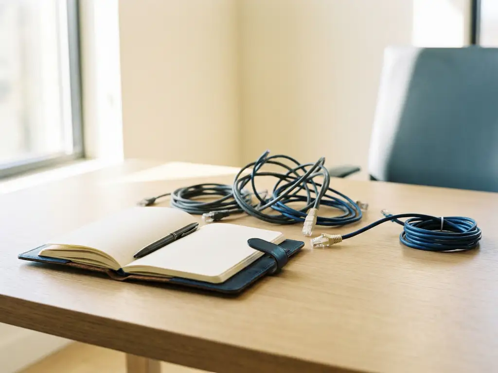 Recruiter's open notebook and pen beside tangled ethernet cables unraveling into organized strands on a modern desk.