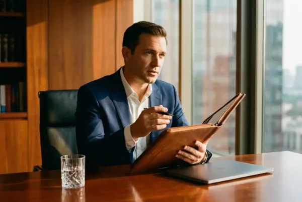 What is buy-side recruitment and who does it serve? 3 Recruiter reviewing candidate portfolios at a mahogany desk with laptop, golden light streaming through office windows.