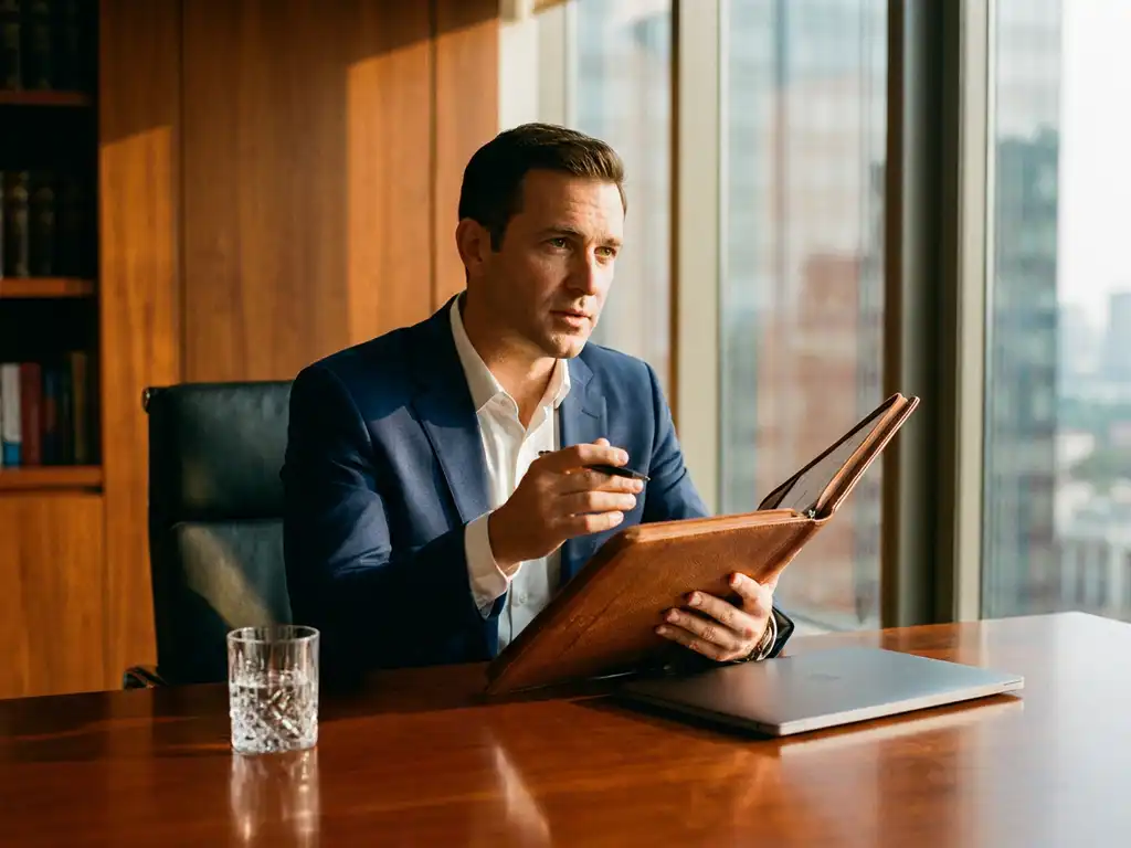 Recruiter reviewing candidate portfolios at a mahogany desk with laptop, golden light streaming through office windows.