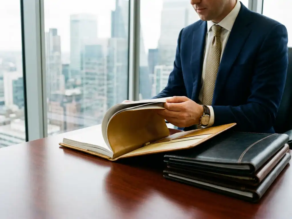 Recruiter in formal attire reviewing leather-bound candidate portfolios at a mahogany desk, city financial district skyline visible through floor-to-ceiling windows.