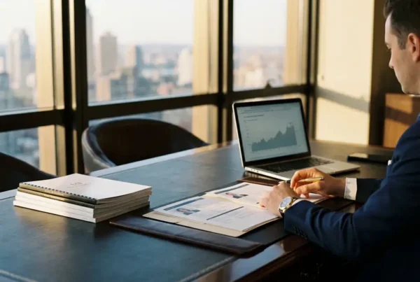 Recruiter reviewing candidate shortlist profiles on a leather desk beside a laptop and financial reports, with a glass city skyline behind.