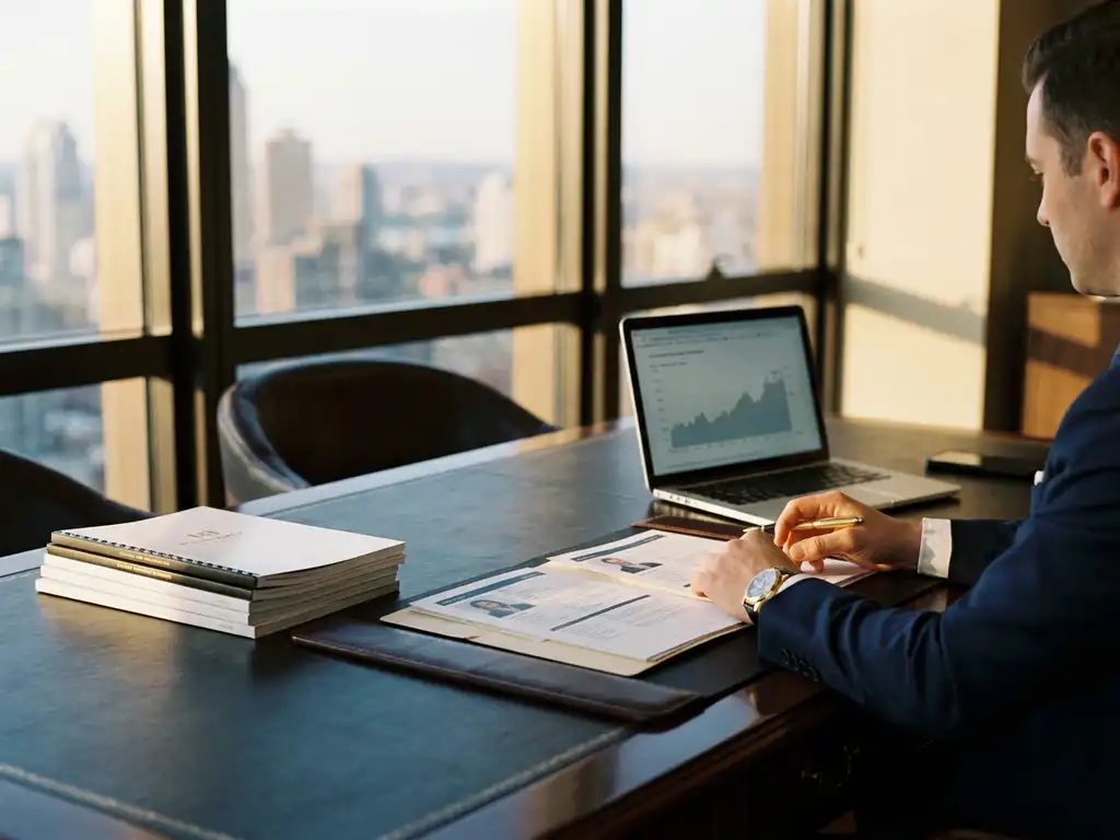 Recruiter reviewing candidate shortlist profiles on a leather desk beside a laptop and financial reports, with a glass city skyline behind.