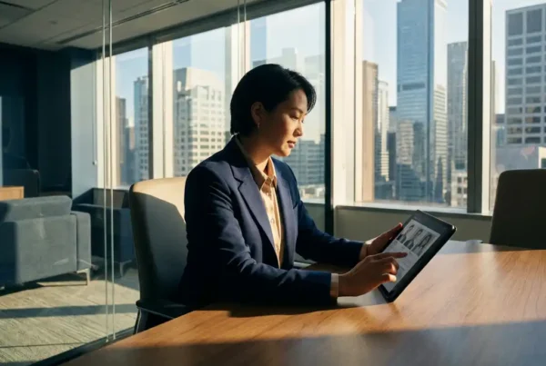 Recruiter reviewing candidate profiles on a tablet in a glass-walled financial district office with city skyline backdrop in golden afternoon light.