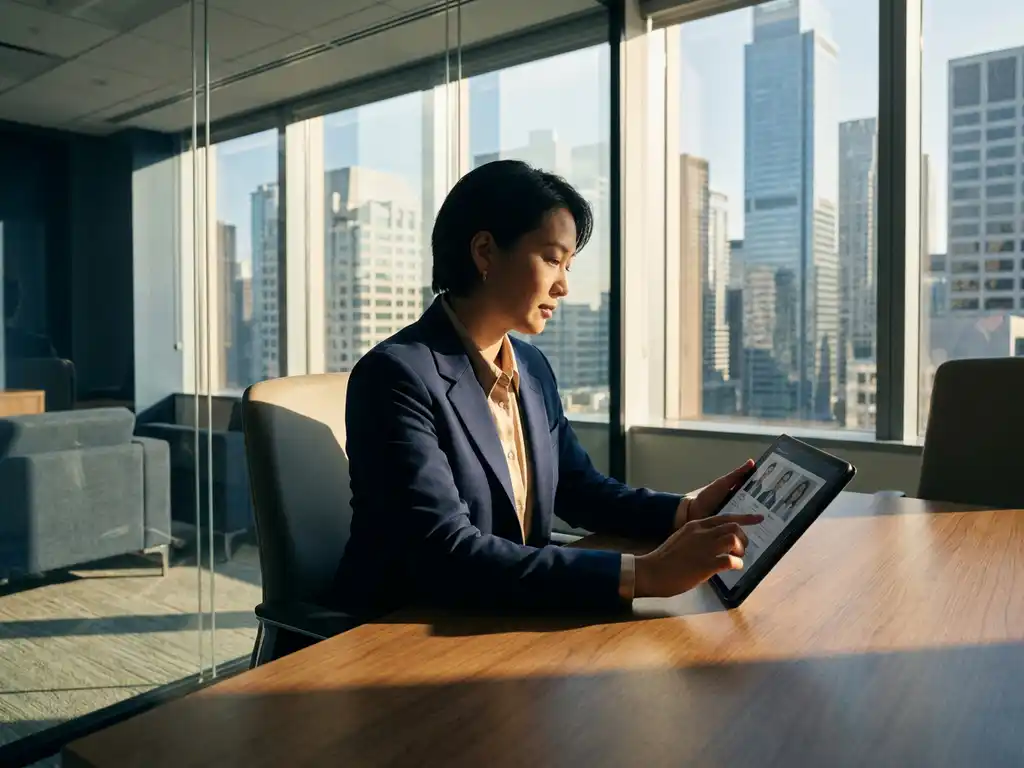 Recruiter reviewing candidate profiles on a tablet in a glass-walled financial district office with city skyline backdrop in golden afternoon light.