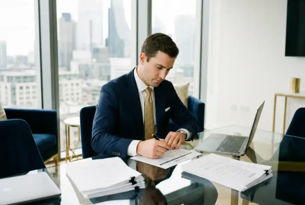 Recruiter reviewing a printed candidate scorecard at a glass desk with stacked résumés and laptop, modern financial district office in background.