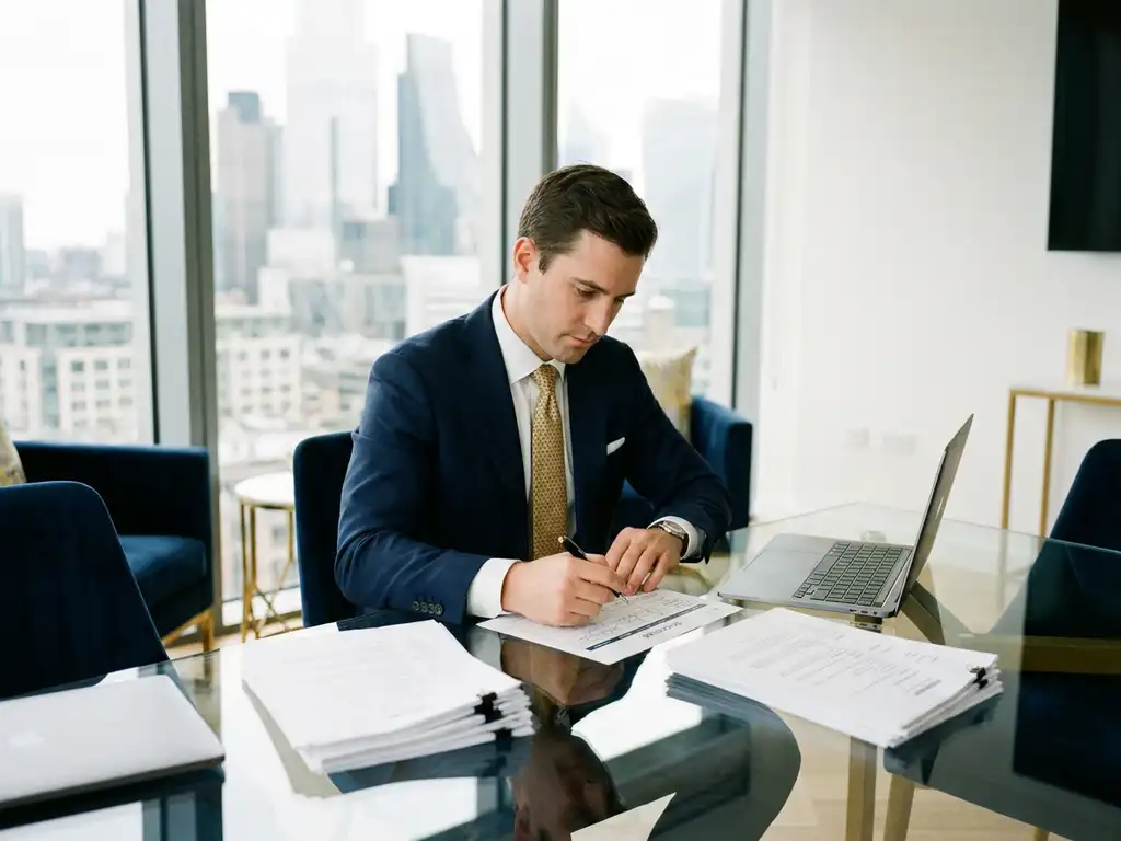 Recruiter reviewing a printed candidate scorecard at a glass desk with stacked résumés and laptop, modern financial district office in background.