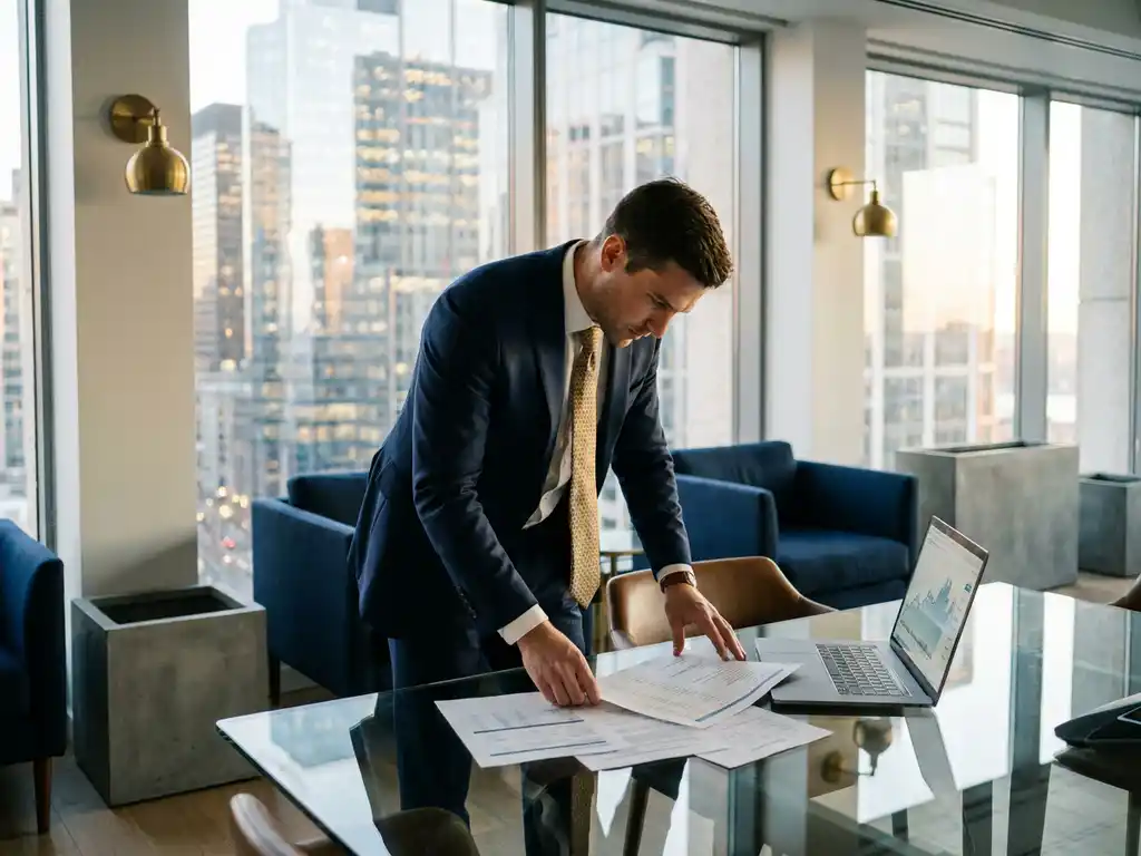 Recruiter reviewing candidate shortlist profiles on a glass desk with a laptop, modern financial district skyline in the background.