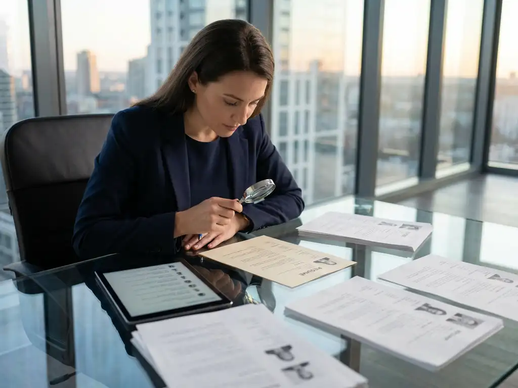 Specialist recruiter reviewing a shortlisted developer résumé on a glass desk in a modern office with floor-to-ceiling windows.