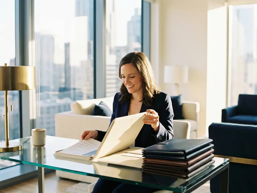 Recruiter reviewing leather portfolios on a glass desk with an open resume, modern high-rise office visible through floor-to-ceiling windows.