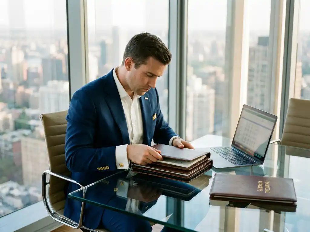 Recruiter reviewing candidate portfolios at a glass desk with laptop and financial reports, city skyline visible through floor-to-ceiling windows.