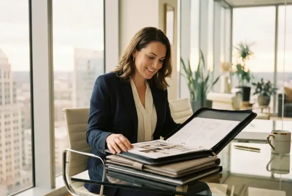 Recruiter reviewing a standout professional portfolio on a glass desk, surrounded by curated folders in a modern sunlit office.