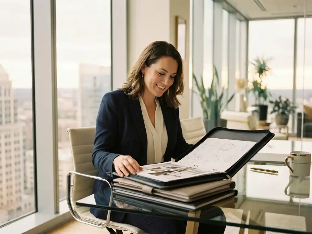 Recruiter reviewing a standout professional portfolio on a glass desk, surrounded by curated folders in a modern sunlit office.