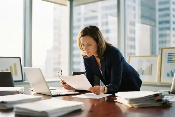 How do fintech recruiters find candidates with niche technical skills? 3 Recruiter leaning over a conference table reviewing a résumé among scattered documents, with a laptop and financial charts nearby.