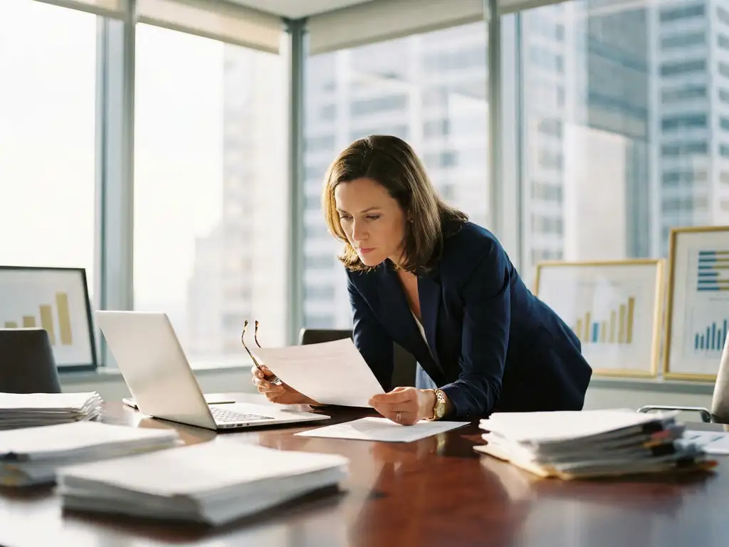 Recruiter leaning over a conference table reviewing a résumé among scattered documents, with a laptop and financial charts nearby.