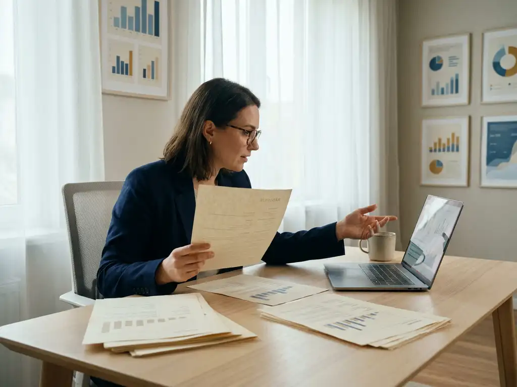 Professional recruiter reviewing a structured résumé at a modern desk with data visualizations, laptop open, in warm cream and navy tones.