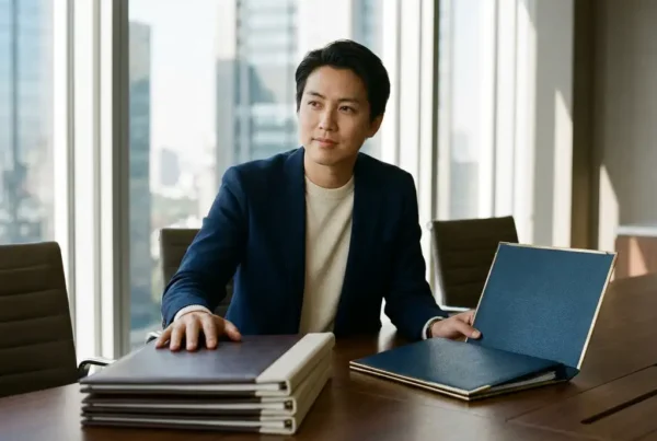 What is a specialist recruitment agency and when should you use one? 2 Recruiter reviewing leather portfolios on a conference table, one gold-edged folder set apart, in a sunlit modern office.