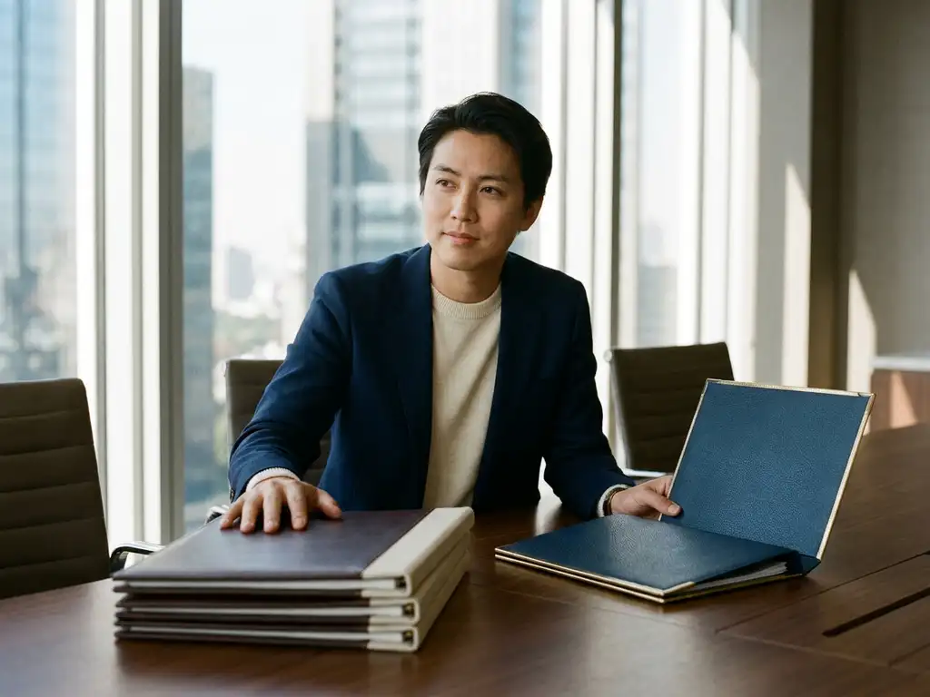 Recruiter reviewing leather portfolios on a conference table, one gold-edged folder set apart, in a sunlit modern office.