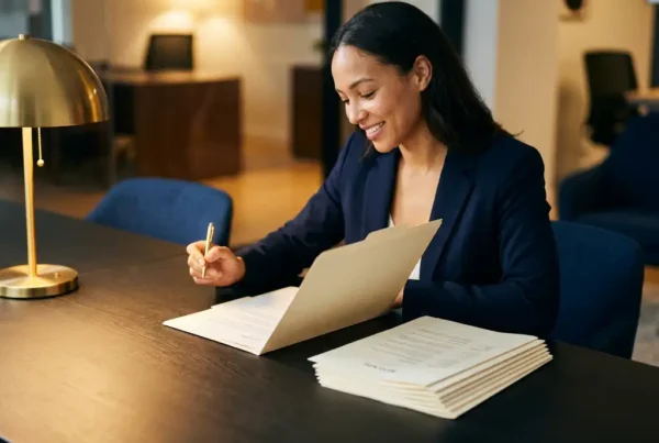 Recruiter reviewing a standout resume from a curated stack on a modern desk under warm office lighting.