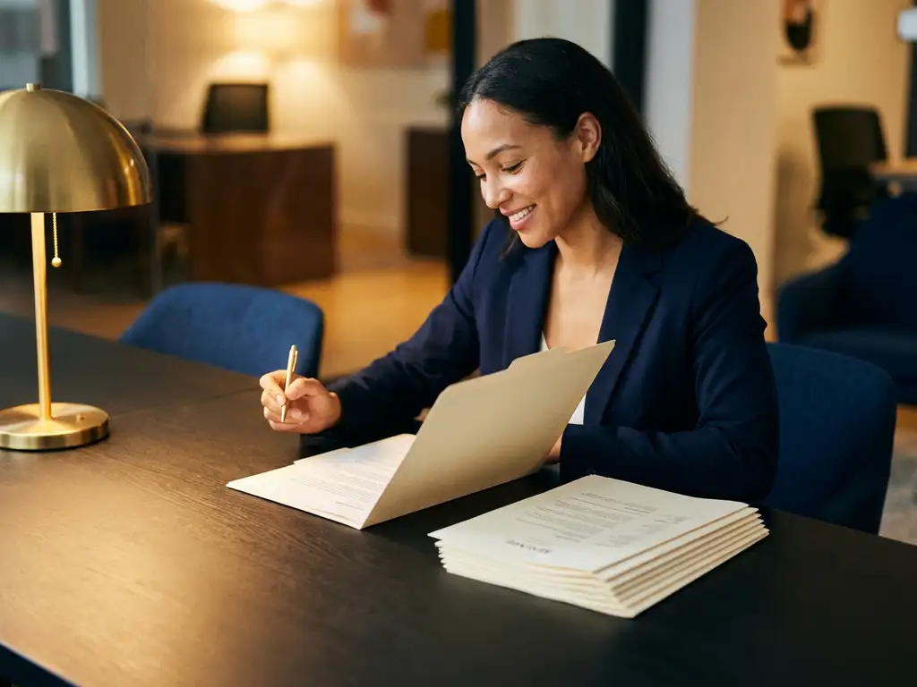 Recruiter reviewing a standout resume from a curated stack on a modern desk under warm office lighting.