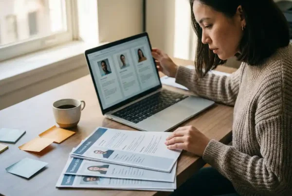 Recruiter reviewing technical skill sheets beside a laptop showing candidate profiles on a tidy office desk with sticky notes and coffee.