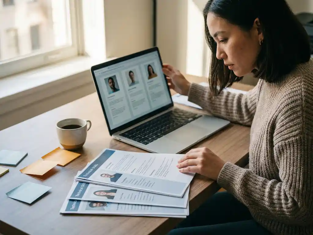 Recruiter reviewing technical skill sheets beside a laptop showing candidate profiles on a tidy office desk with sticky notes and coffee.