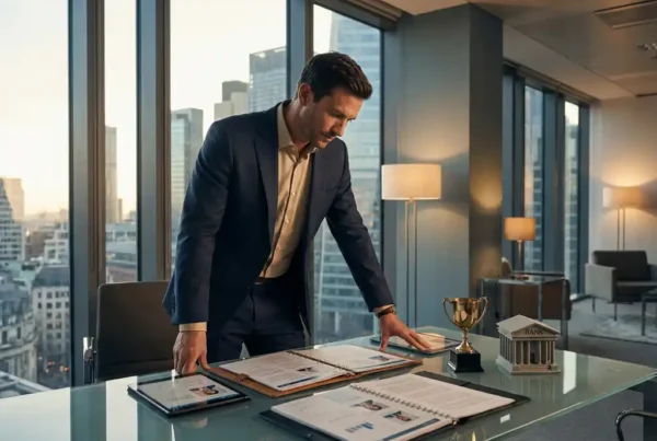 Recruiter reviewing candidate shortlist profiles on a glass desk with a golden trophy and miniature bank building in a modern financial district office.