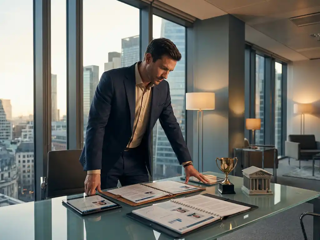 Recruiter reviewing candidate shortlist profiles on a glass desk with a golden trophy and miniature bank building in a modern financial district office.