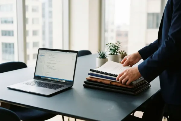 Recruiter sorting candidate portfolios on a conference table beside an open laptop displaying code, modern office with floor-to-ceiling windows.