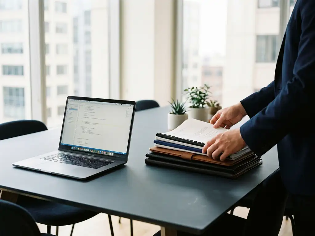 Recruiter sorting candidate portfolios on a conference table beside an open laptop displaying code, modern office with floor-to-ceiling windows.