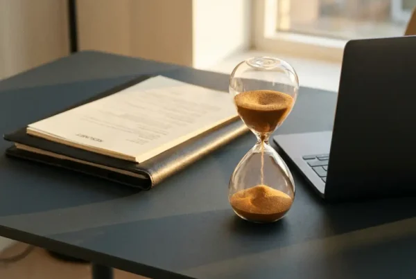 Hourglass with flowing amber sand on a recruiter's desk beside a resume portfolio and closed laptop in warm afternoon light.