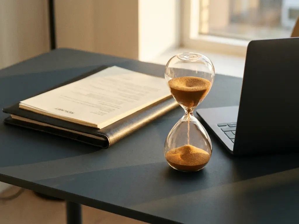 Hourglass with flowing amber sand on a recruiter's desk beside a resume portfolio and closed laptop in warm afternoon light.