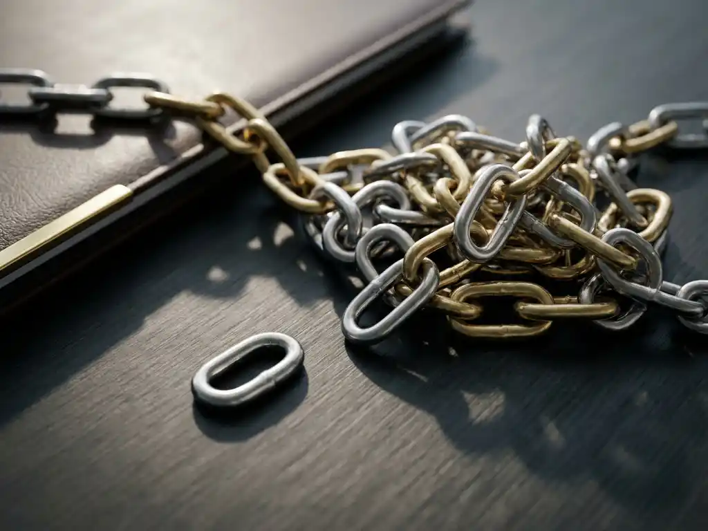 Tangled metallic chain links on a dark desk with one misaligned link, partially covering a polished resume folder.
