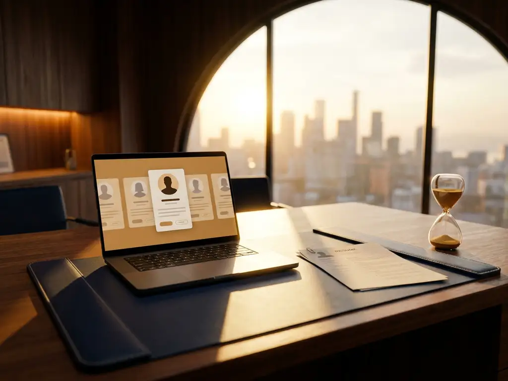 Recruitment desk with laptop showing candidate profiles, résumé, and hourglass in navy and amber tones with natural window light.