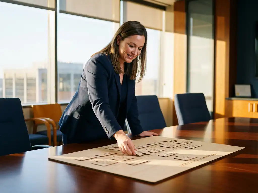 Recruitment specialist placing a puzzle piece into a nearly complete organizational chart on a conference table in warm afternoon light.