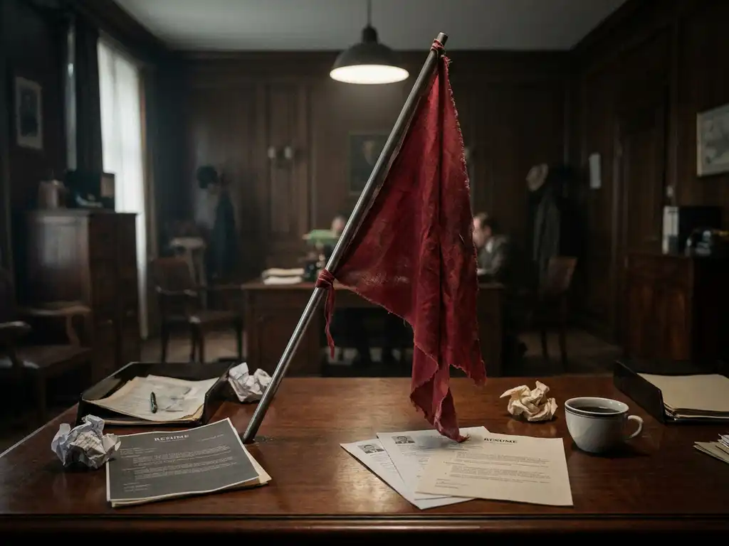 Weathered red flag planted on a recruitment agency desk beside scattered resumes and an untouched coffee cup.