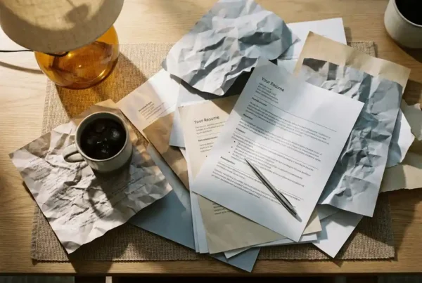 Tangled pile of resumes on a recruiter's desk, one crumpled beside an untouched coffee mug and abandoned pen, lit by warm amber lamp.