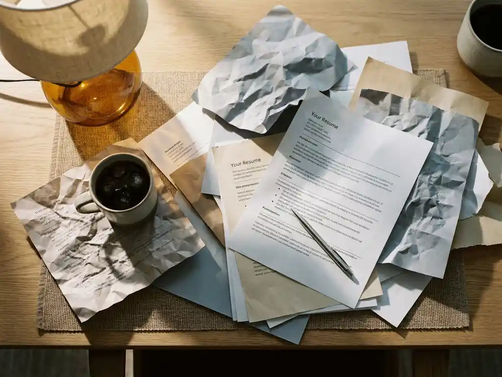 Tangled pile of resumes on a recruiter's desk, one crumpled beside an untouched coffee mug and abandoned pen, lit by warm amber lamp.