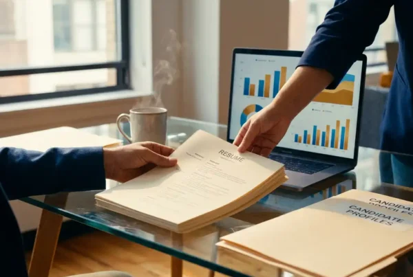 What does a data science recruiter actually do? 1 Recruiter sliding a polished resume across a glass desk toward a laptop showing data visualizations, with coffee and candidate folders nearby.