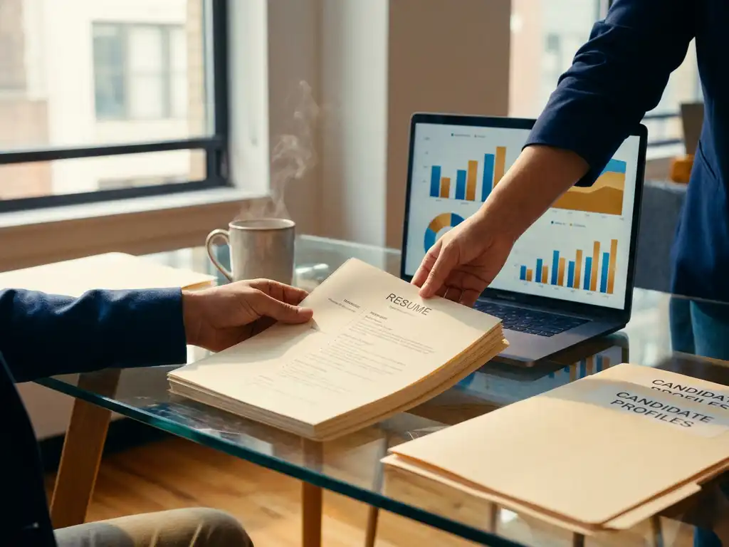 Recruiter sliding a polished resume across a glass desk toward a laptop showing data visualizations, with coffee and candidate folders nearby.