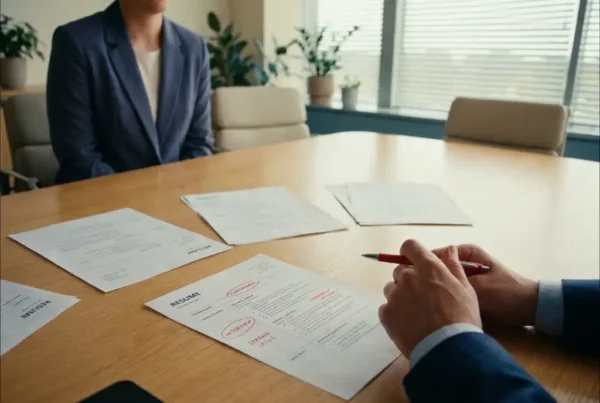 Hiring manager annotating a shortlisted resume in red pen on a conference table, soft natural light, shallow depth of field.