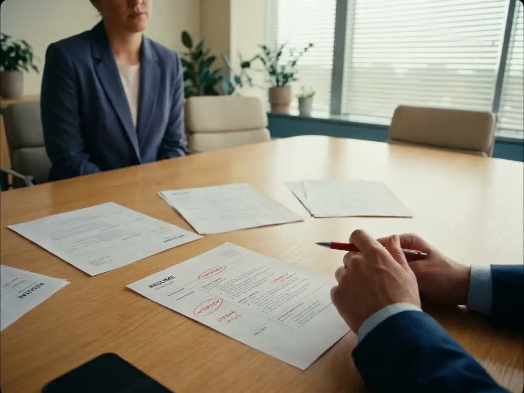 Hiring manager annotating a shortlisted resume in red pen on a conference table, soft natural light, shallow depth of field.
