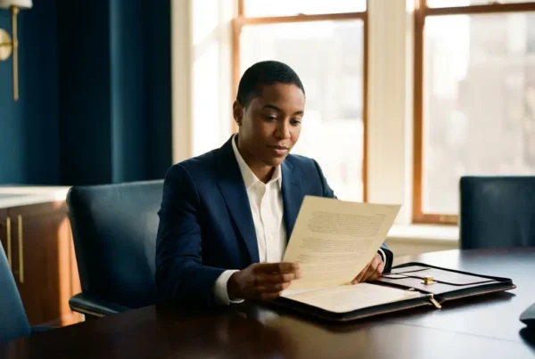 How do you negotiate salary through a finance recruitment agency? 1 Professional in tailored suit reviewing a salary offer document at a conference table with leather portfolio, warm office light through floor-to-ceiling windows.