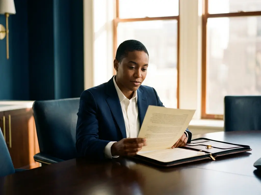 Professional in tailored suit reviewing a salary offer document at a conference table with leather portfolio, warm office light through floor-to-ceiling windows.