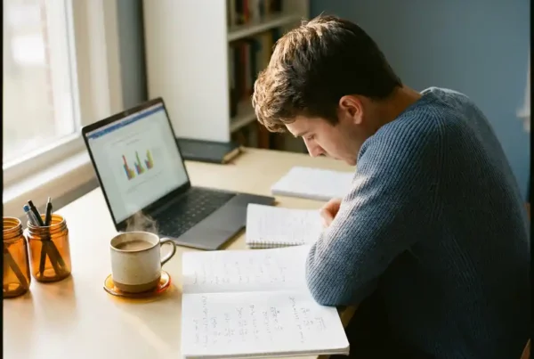 Candidate studying statistical formulas at a desk with open notebooks, laptop showing data visualizations, and a steaming coffee cup in warm morning light.