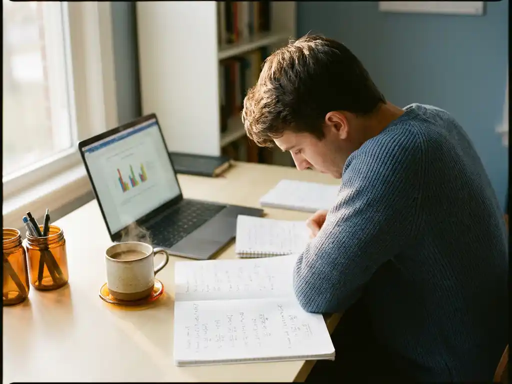 Candidate studying statistical formulas at a desk with open notebooks, laptop showing data visualizations, and a steaming coffee cup in warm morning light.