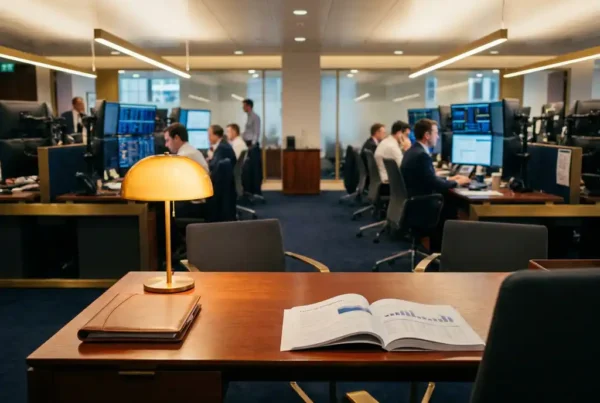 Polished mahogany trading desk with leather portfolio and financial prospectus, amber lamp glow contrasting cool blue monitor light in open-plan office.