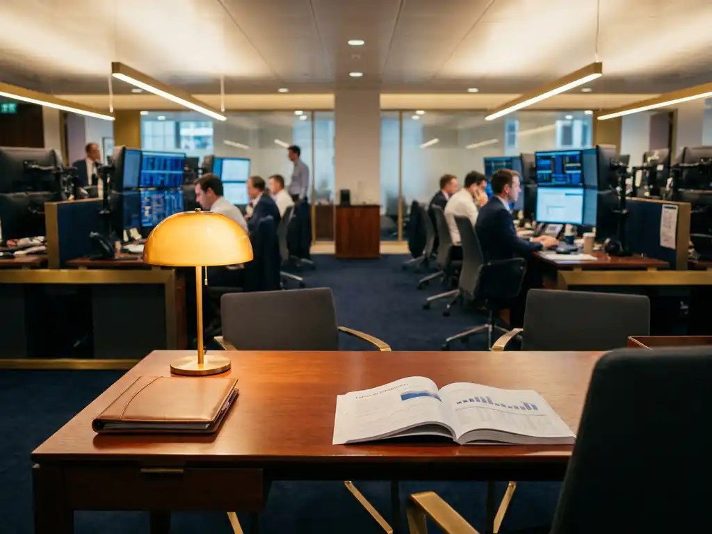 Polished mahogany trading desk with leather portfolio and financial prospectus, amber lamp glow contrasting cool blue monitor light in open-plan office.