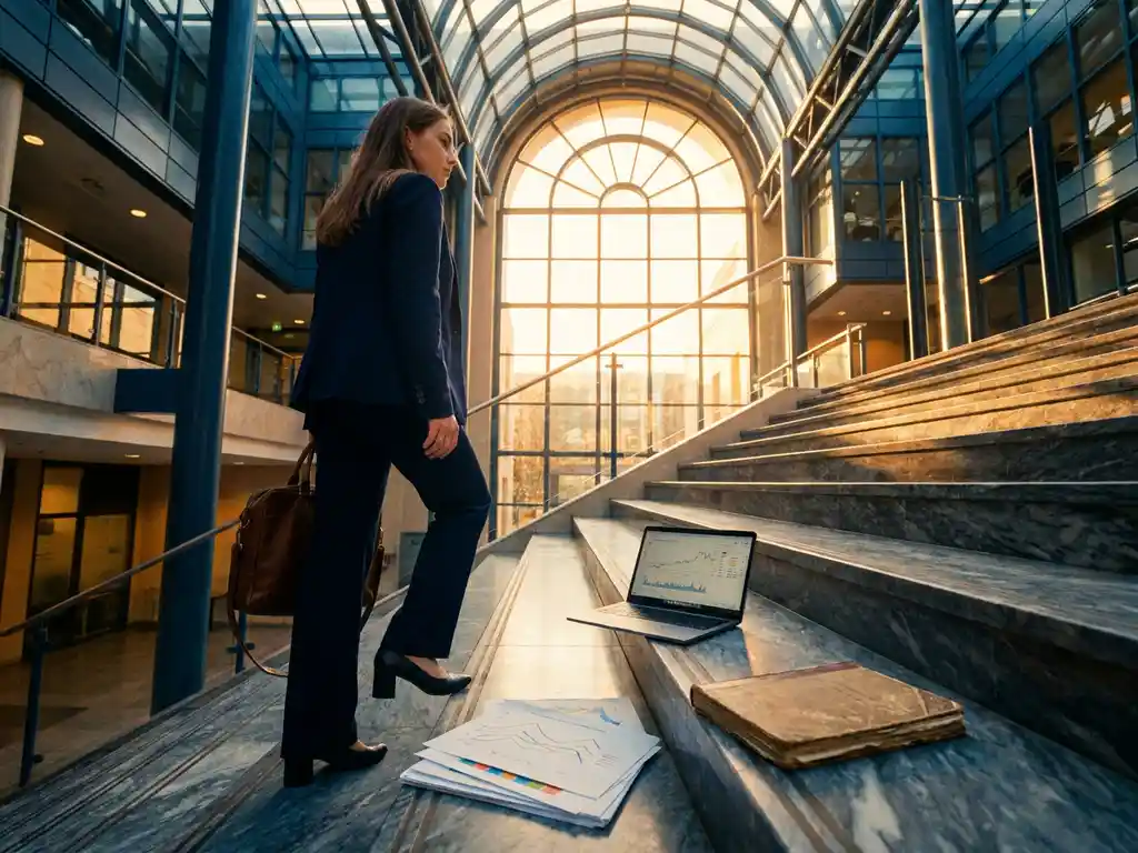 Young professional climbing marble stairs lined with a laptop, printed charts, and notebook toward a sunlit atrium window.